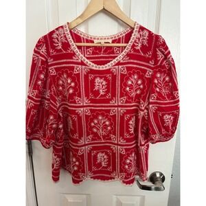 Solitaire Red White Embroidered Floral Puff Sleeve Scallop Hem Blouse Top L